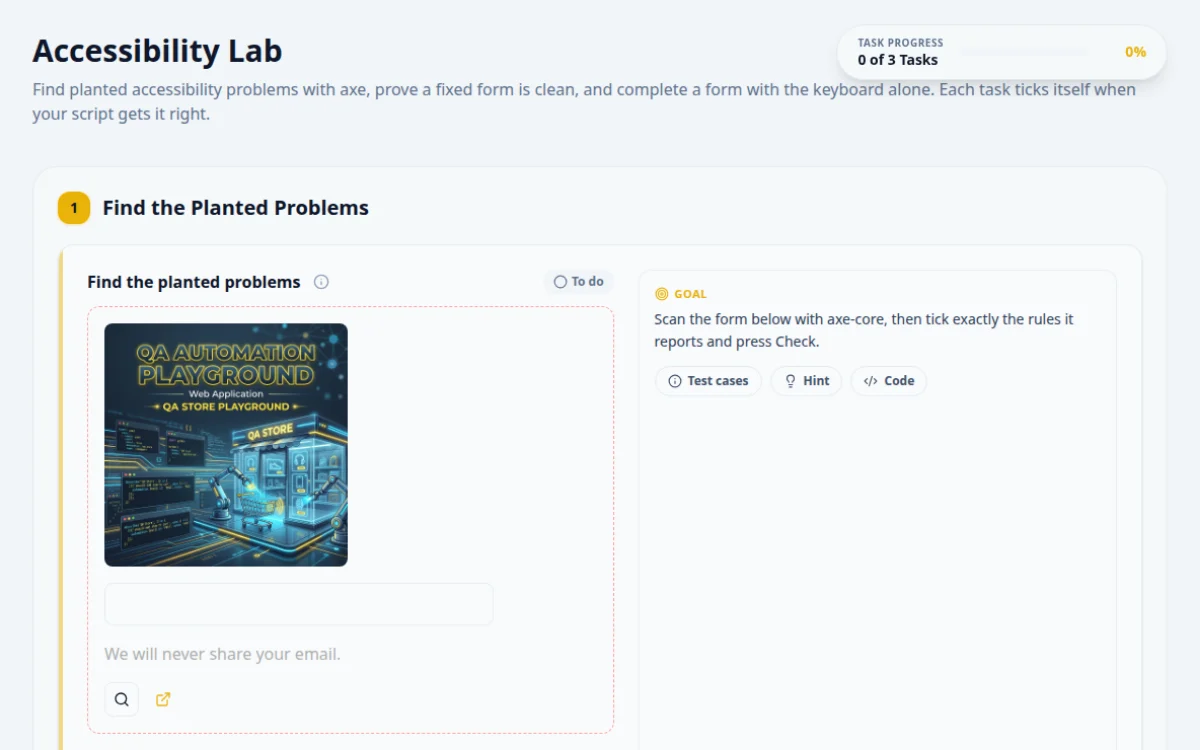 Screenshot of the Accessibility Lab practice page on QA Playground. Find planted axe violations, assert a clean scan and finish a form by keyboard.