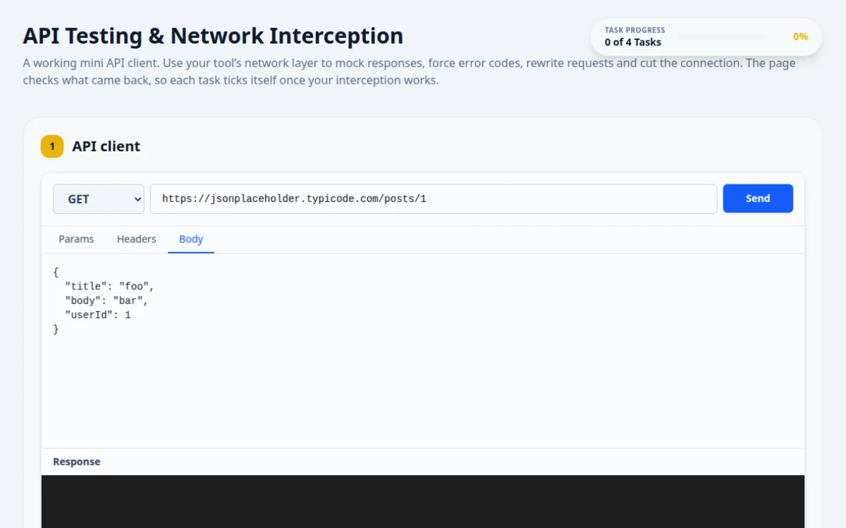 Screenshot of the API Interception practice page on QA Playground. Mock and modify network requests directly.