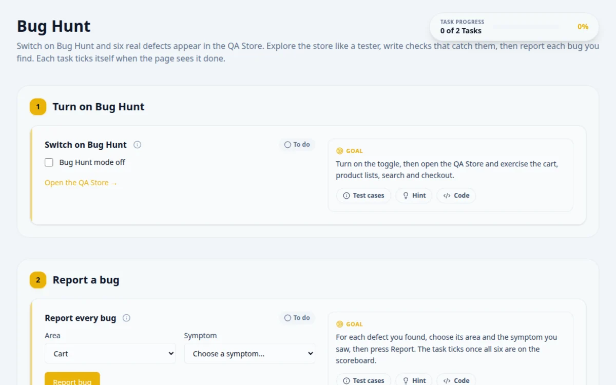Screenshot of the Bug Hunt practice page on QA Playground. Find six real bugs planted in the QA Store.
