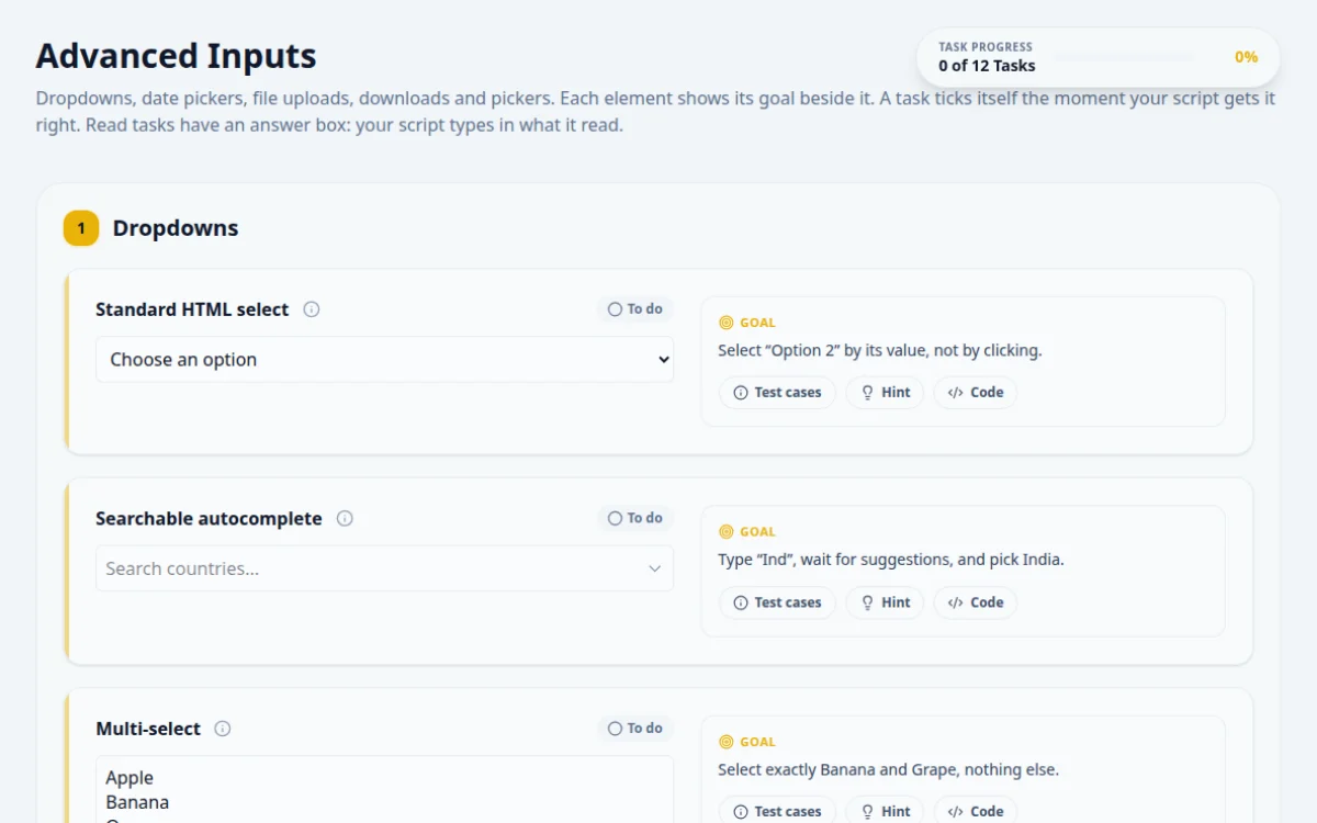 Screenshot of the Advanced Inputs practice page on QA Playground. Handle date pickers, range sliders, and uploads.