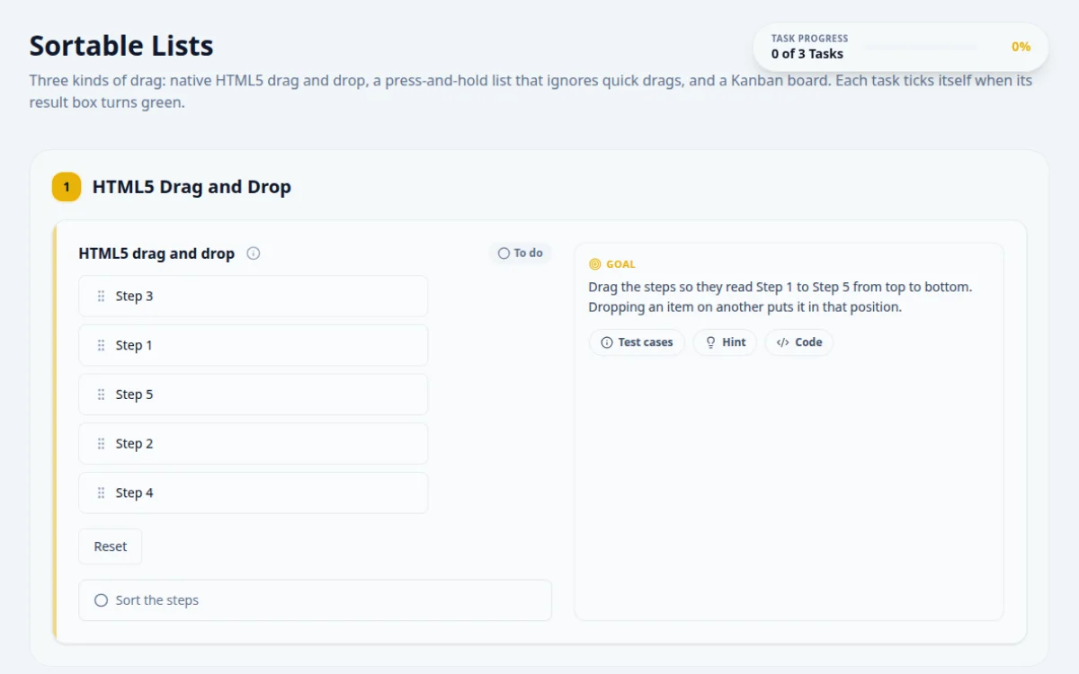 Screenshot of the Sortable Lists practice page on QA Playground. HTML5 drag and drop, press-and-hold sorting and a Kanban board.