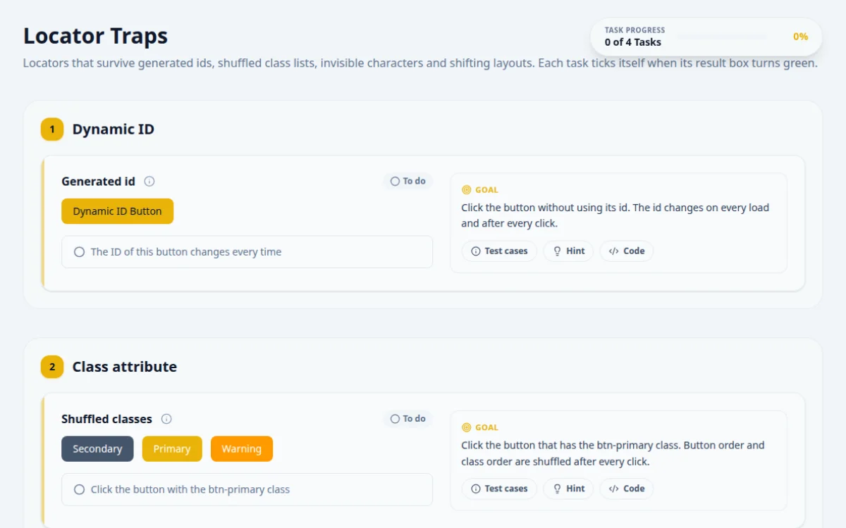 Screenshot of the Locator Traps practice page on QA Playground. Dynamic IDs, shuffled classes, hidden spaces and shifting layouts.