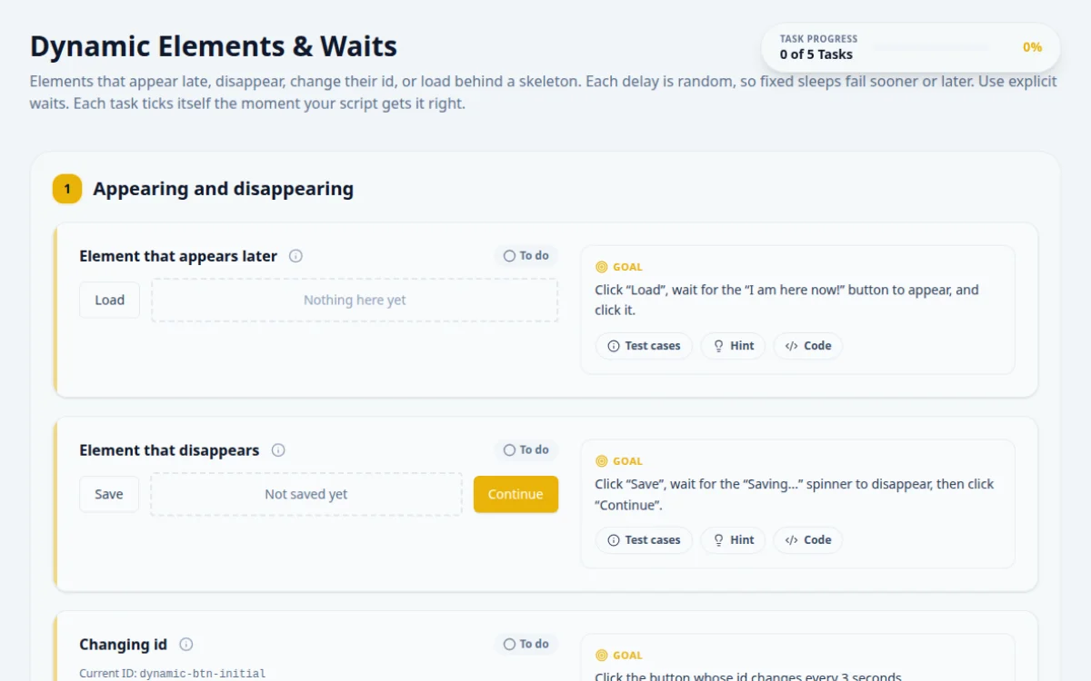Screenshot of the Dynamic & Waits practice page on QA Playground. Handle elements appearing asynchronously.