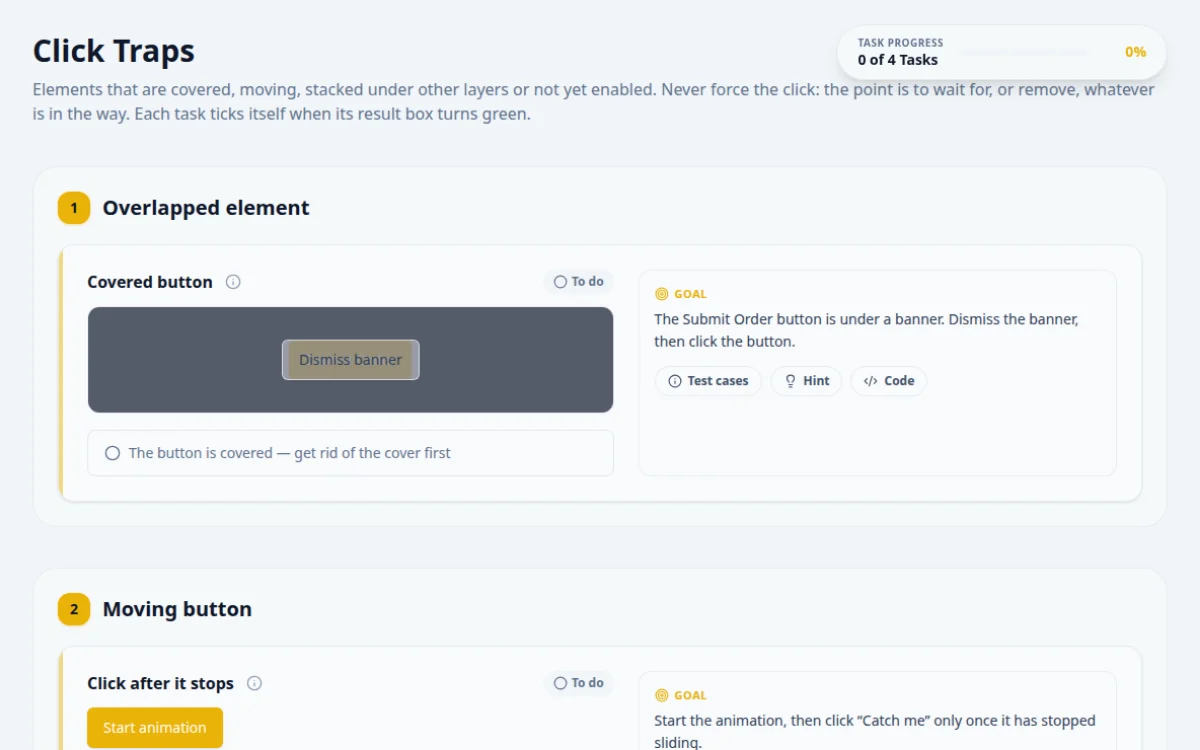 Screenshot of the Click Traps practice page on QA Playground. Covered, moving and delayed elements that break naive clicks.