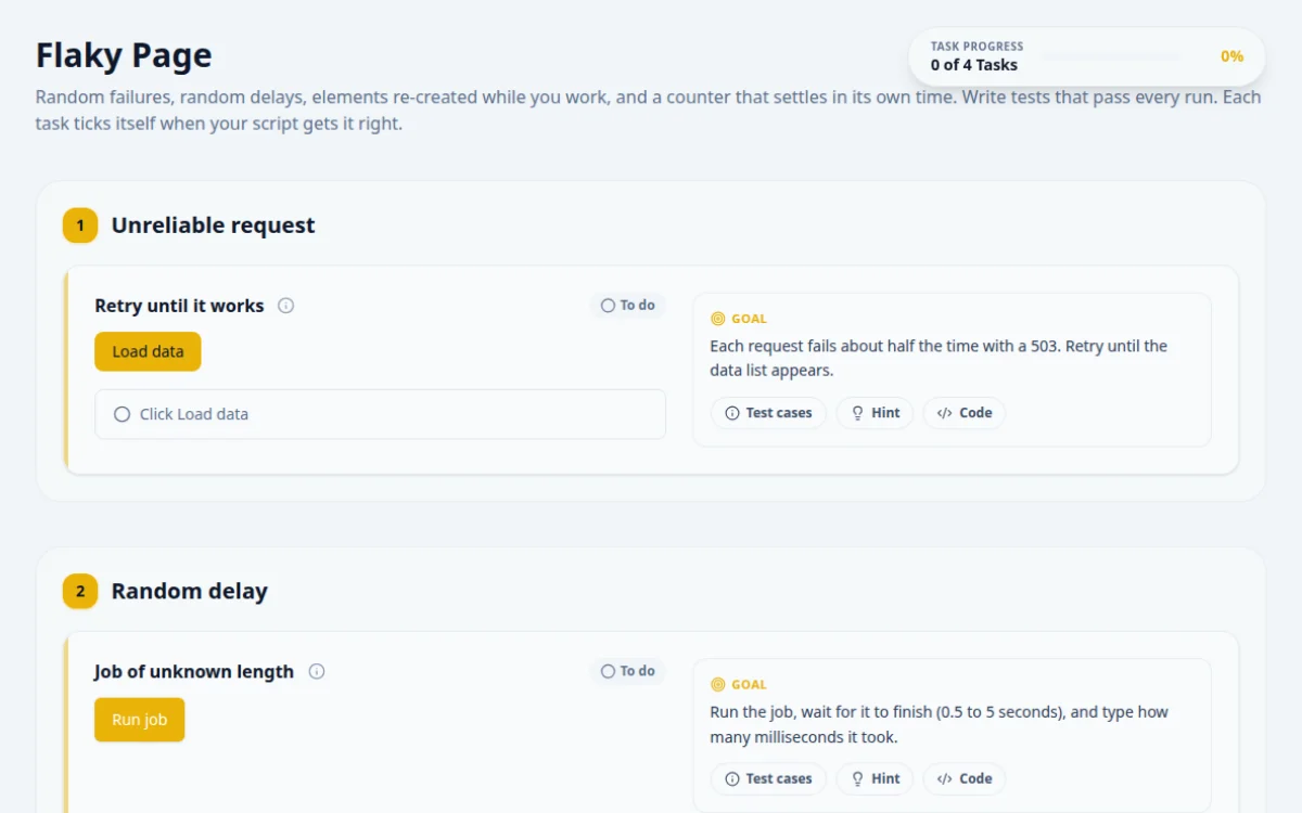 Screenshot of the Flaky Page practice page on QA Playground. Random failures, random delays and re-rendered elements.