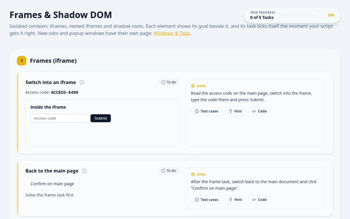Screenshot of the Frames & Shadow DOM practice page on QA Playground. Switching contexts into iframes and shadow roots.