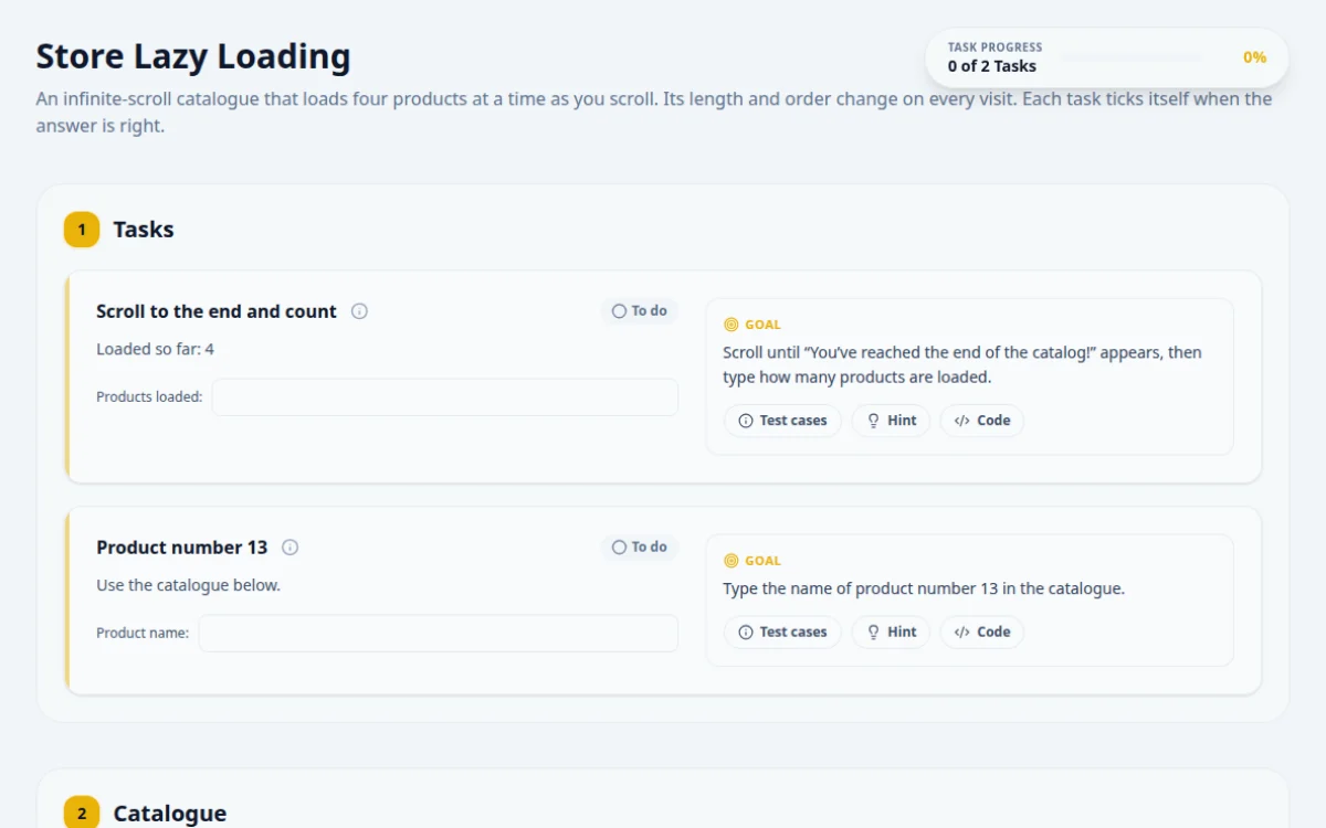 Screenshot of the Store Lazy Loading practice page on QA Playground. Scroll to trigger dynamic content fetching.