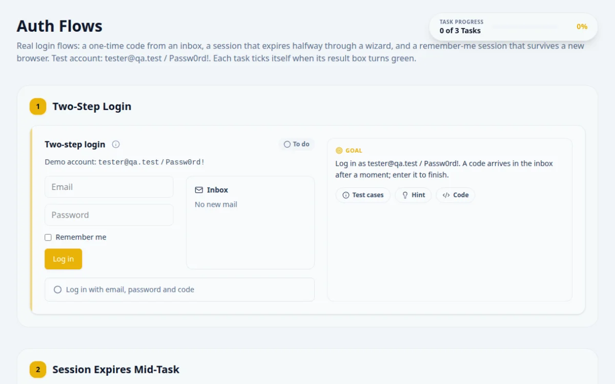 Screenshot of the Auth Flows practice page on QA Playground. Two-step login, sessions that expire mid-task and remembered logins.