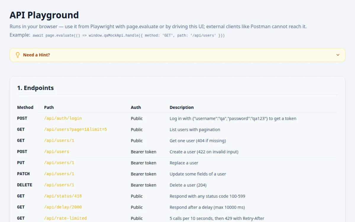 Screenshot of the API Playground tool on QA Playground. Mock REST API with auth, status codes, delays and rate limits.