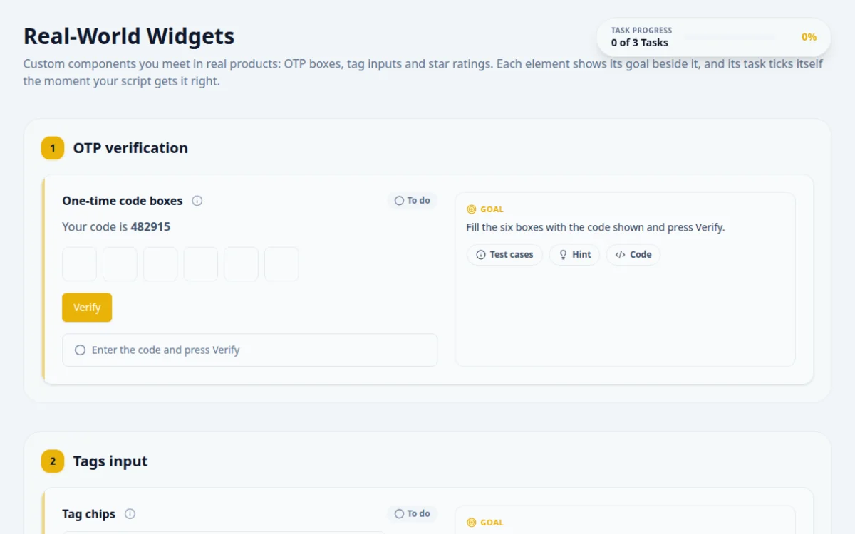Screenshot of the Real-World Widgets practice page on QA Playground. OTP boxes, tag inputs and star ratings.