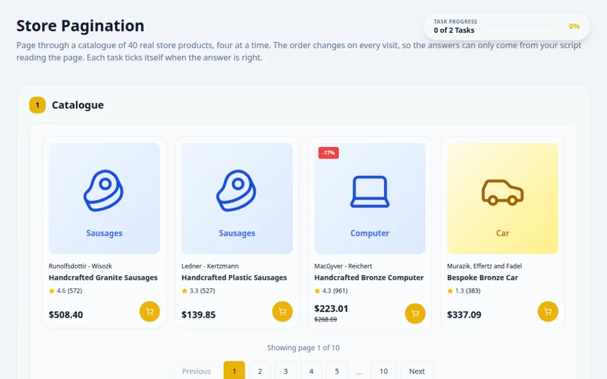 Screenshot of the Store Pagination practice page on QA Playground. Navigate multiple pages of products.