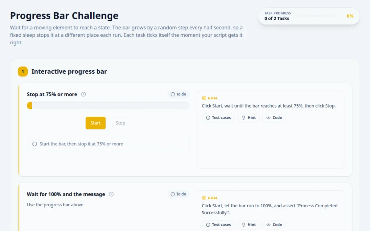 Screenshot of the Progress Bar practice page on QA Playground. Test waits on a dynamic progress bar.