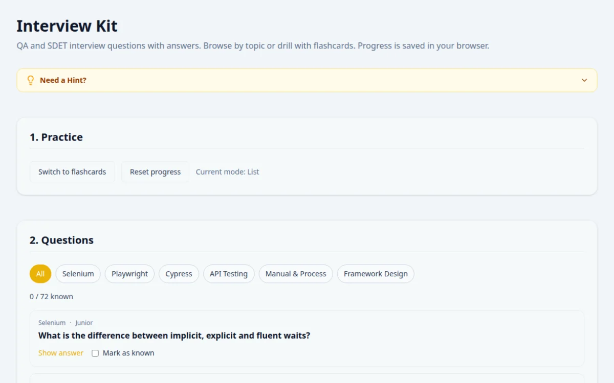 Screenshot of the Interview Kit tool on QA Playground. 60+ QA and SDET interview questions with answers and flashcards.