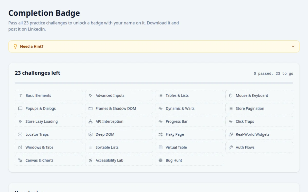 Screenshot of the Completion Badge tool on QA Playground. Pass every challenge and download a badge with your name.