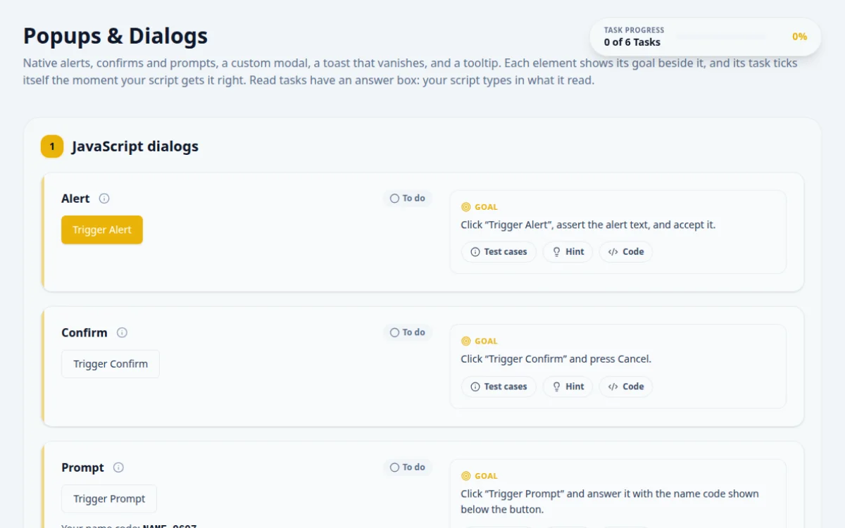 Screenshot of the Popups & Dialogs practice page on QA Playground. Manage alerts, confirm prompts, and modals.