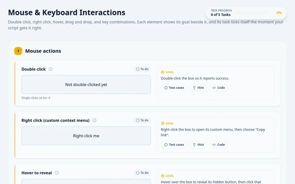 Screenshot of the Mouse & Keyboard practice page on QA Playground. Drag-and-drop, hover, right-click, and hotkeys.