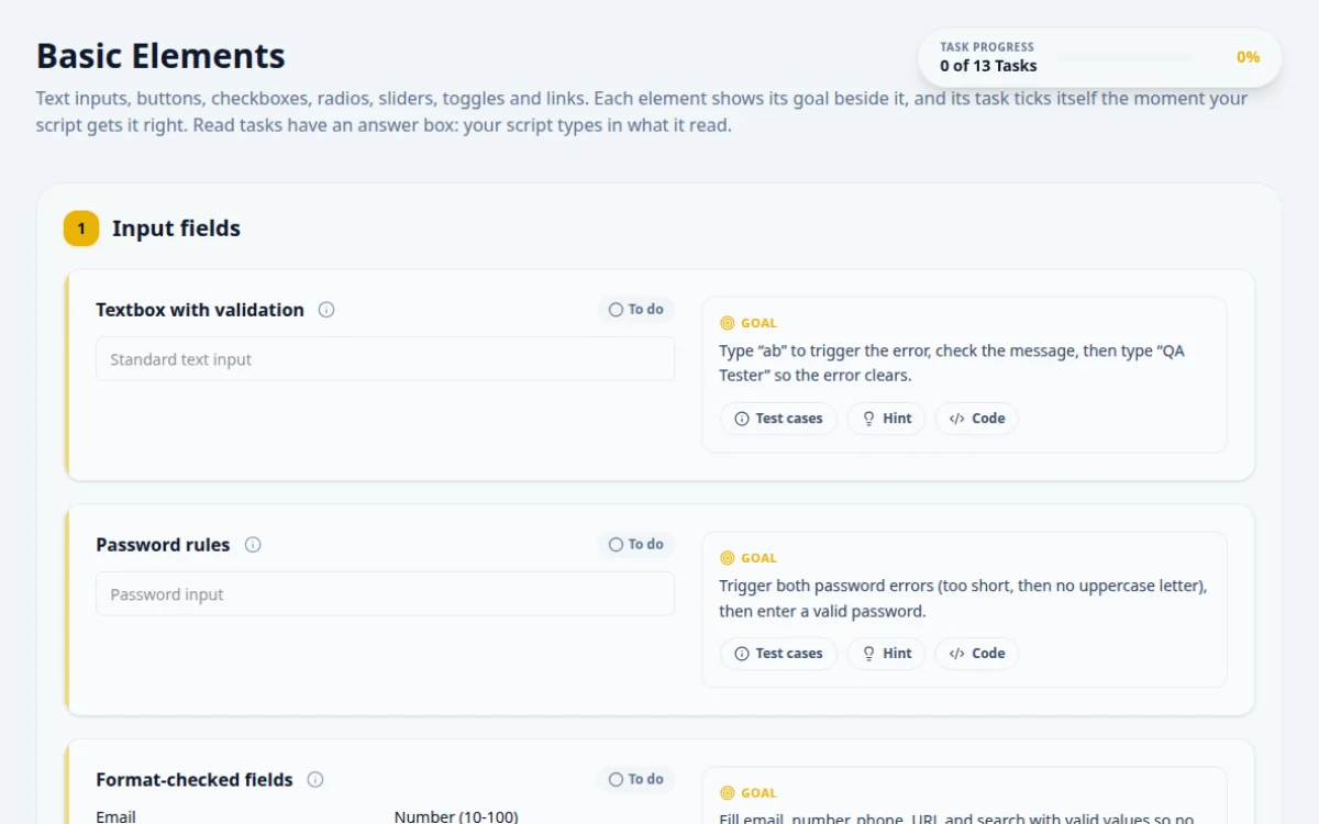 Screenshot of the Basic Elements practice page on QA Playground. Interact with inputs, buttons, and forms.