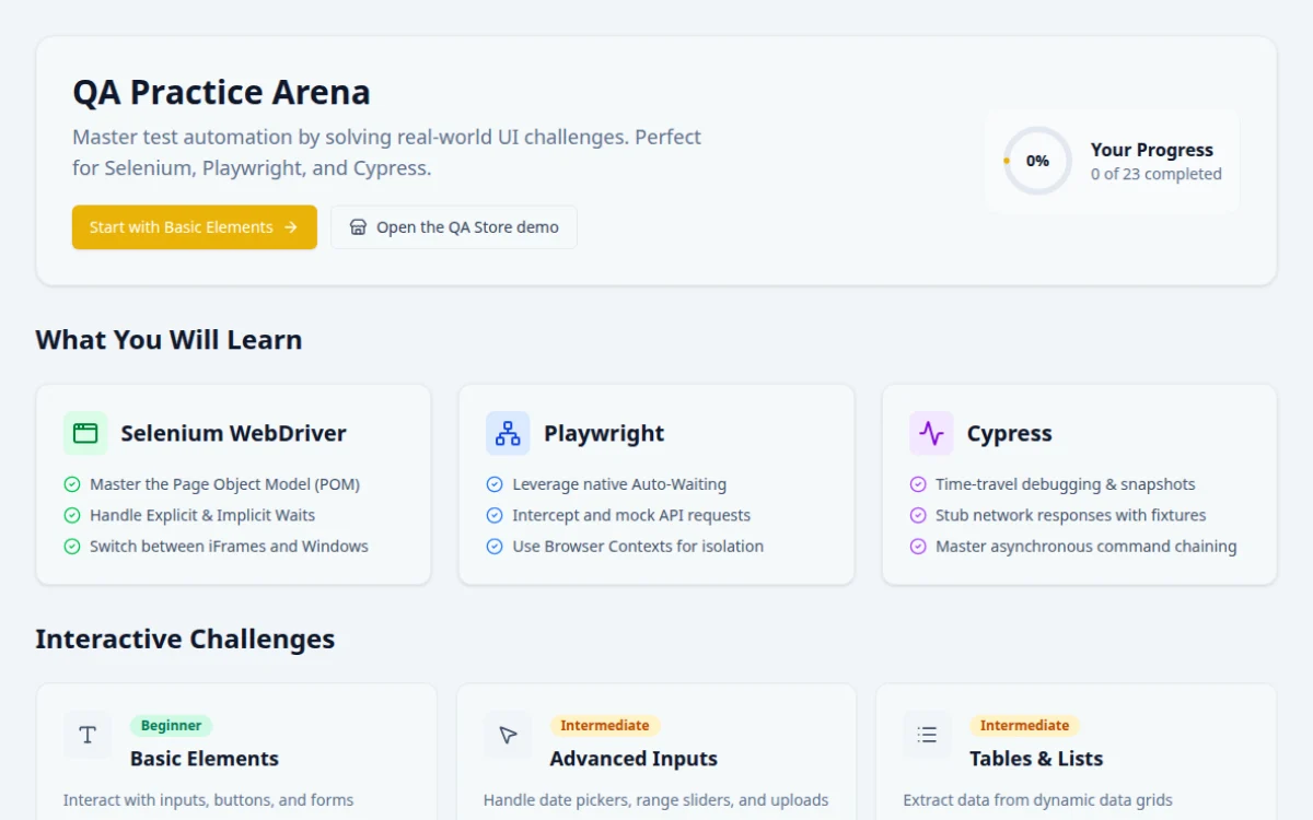 Screenshot of the QA Playground practice hub. Free automation challenges with pass/fail results, hints and reference solutions in four frameworks.