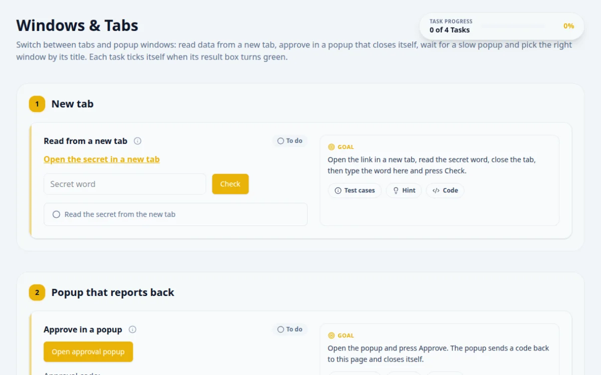Screenshot of the Windows & Tabs practice page on QA Playground. New tabs, popups that close themselves and windows found by title.