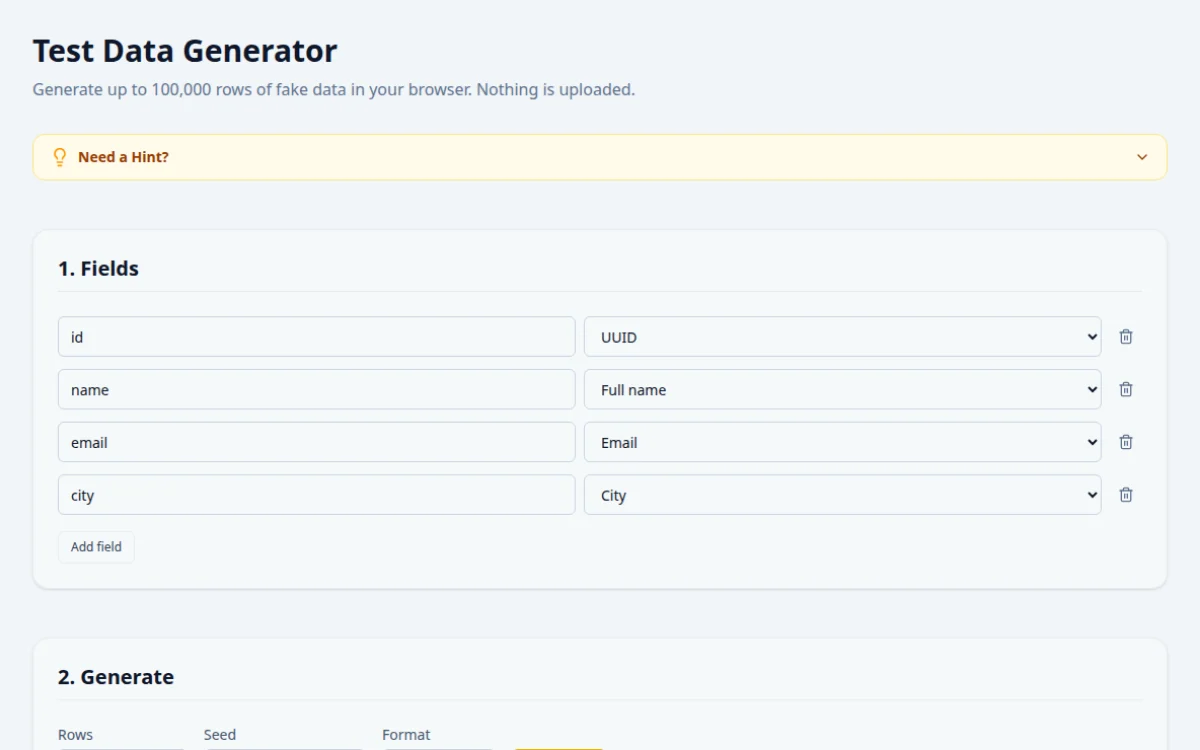 Screenshot of the Test Data Generator tool on QA Playground. Unlimited fake users, orders and cards as CSV, JSON or SQL.